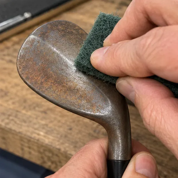 Hnědý nepokovený golfový wedge, který se ručně tře malou netkanou podložkou na zadní straně hlavy hole.