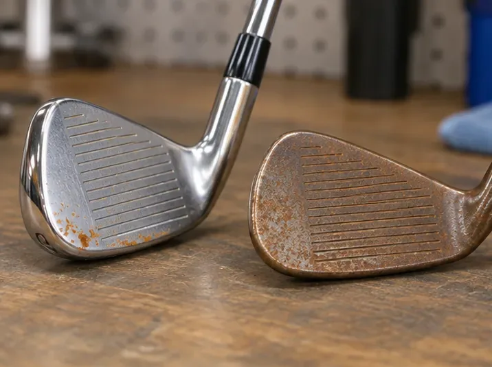 Dvě hlavy golfových holí na pracovním stole, jedna chromovaná železná s malými oranžovými skvrnami od rzi a jedna klínová s širokou hnědou patinou