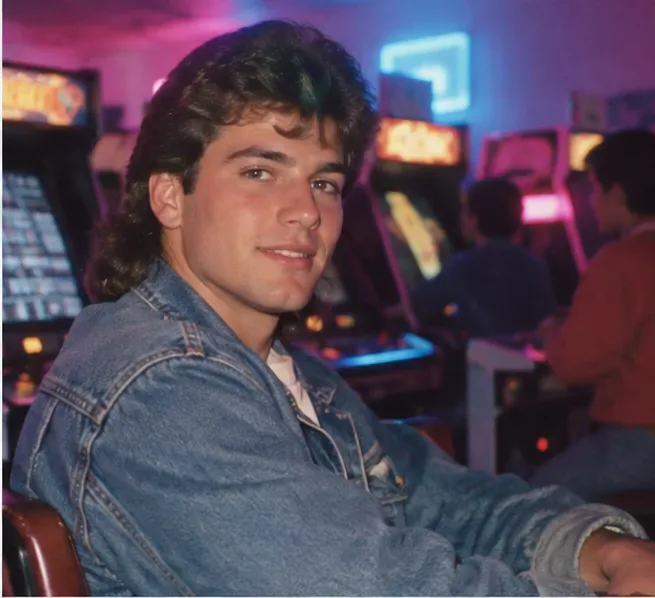 Arkadeportrett i 1980-tallsstil av en mann i dongerijakke under magenta og blå spillromsbelysning