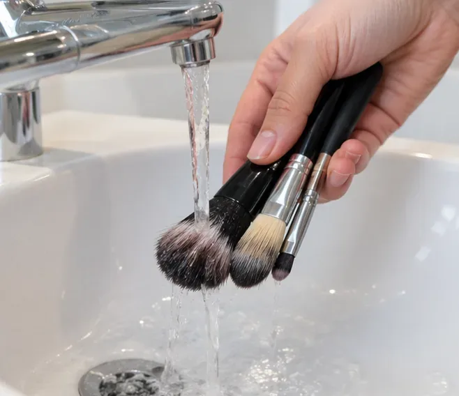 Štětce na make-up oplachované v dřezu se štětinami skloněnými dolů pod tekoucí vodou
