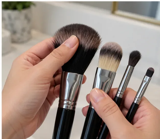 Ruka kontroluje tvar čistých štětců na make-up s plnými, suchými štětinami v několika velikostech
