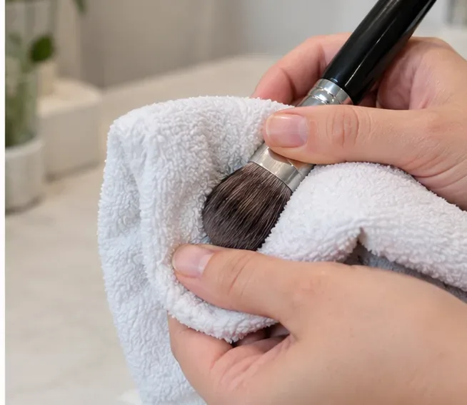 Vlhký štětec na make-up jemně vtlačený do čistého bílého ručníku, aby se odstranila přebytečná voda.
