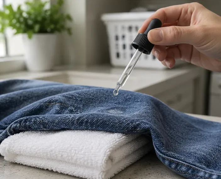 Pipetti, jolla levitetään pieni määrä kirkasta liuotinta kuivuneeseen liimatahraan sinisessä denimissa, joka lepää taitellun valkoisen pyyhkeen päällä