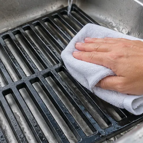 Ruční sušení umytého litinového roštu grilu čistým bílým ručníkem vedle dřezu.