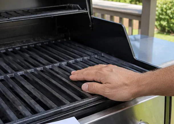 Ruka kontroluje tmavé litinové rošty plynového grilu uvnitř otevřeného grilu z nerezové oceli.