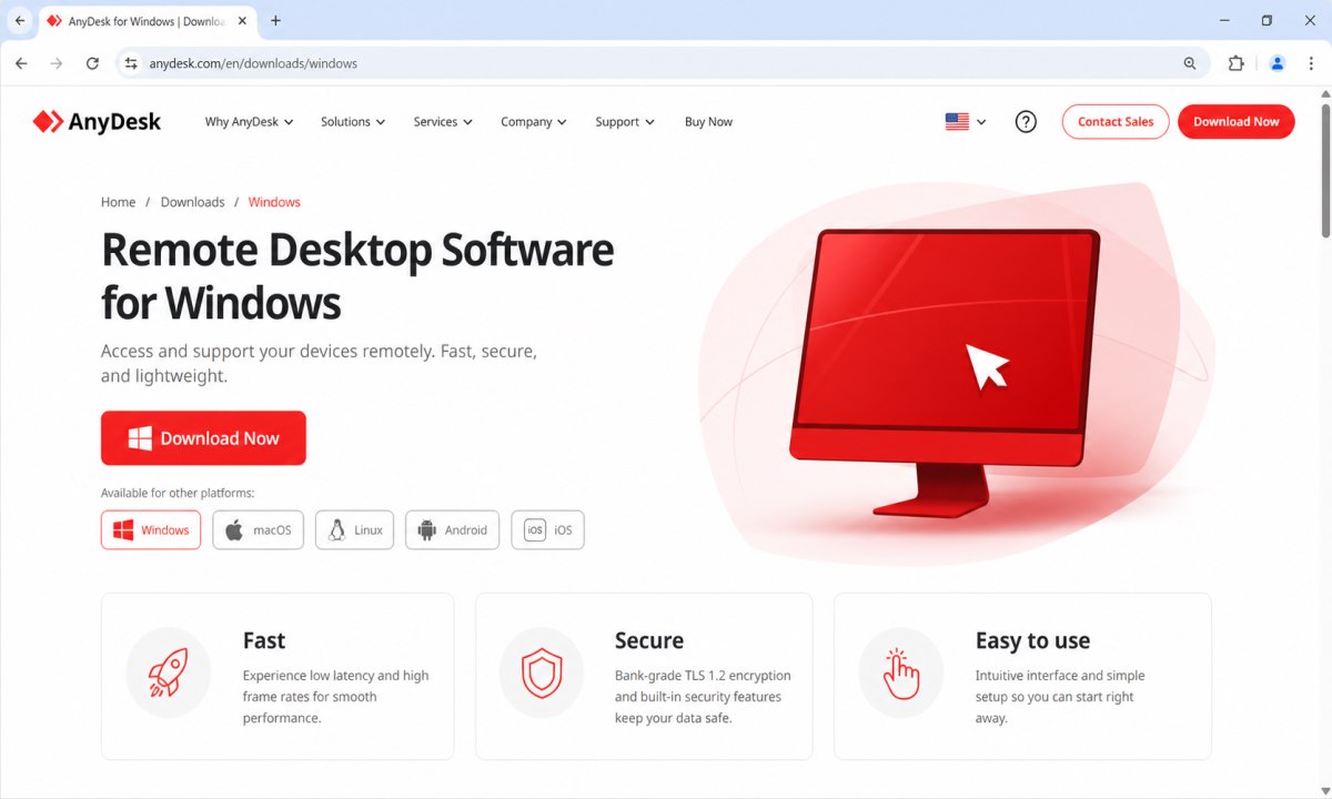 AnyDesk nedlastingsside på anydesk.com med nedlastingsknapp