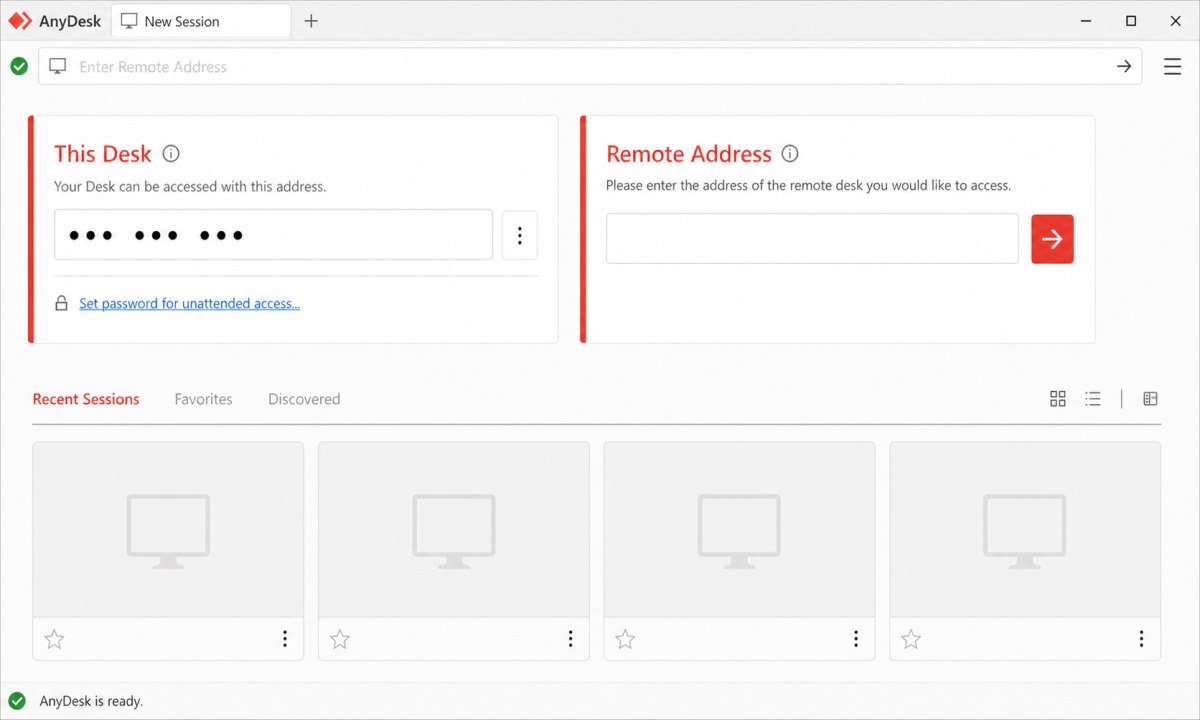 AnyDesk startskjerm som viser den unike 9-sifrede adressen