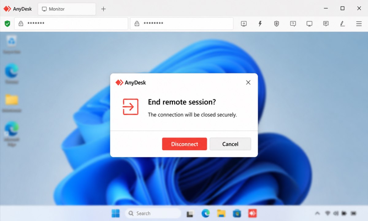 Avslutning av AnyDesk-sesjon med disconnect-knapp