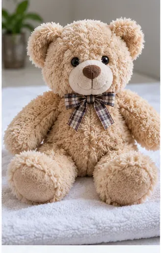 A clean teddy bear sitting upright on a towel-covered drying rack near a window