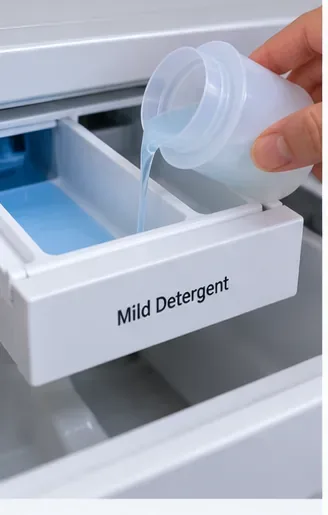 A small amount of mild liquid detergent being poured into a washing machine detergent compartment