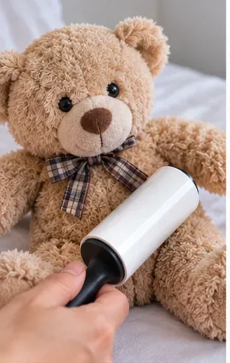 A lint roller being used on the fur of a tan teddy bear before washing
