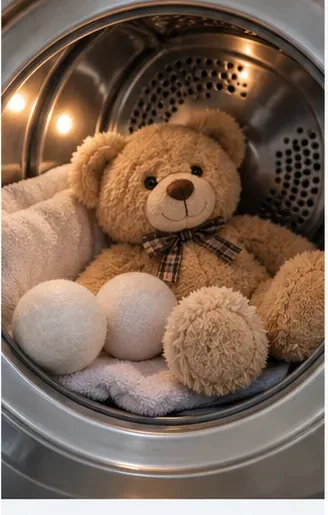 A teddy bear inside a tumble dryer with wool dryer balls beside it