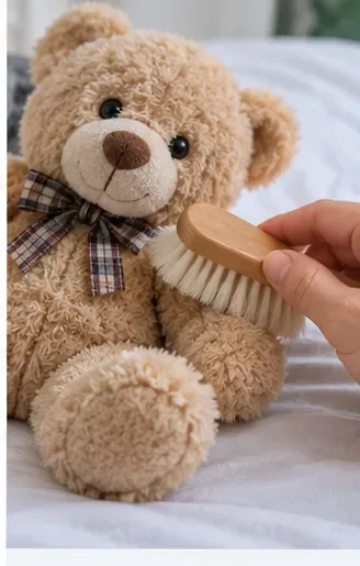 A soft brush being used to fluff the clean fur of a tan teddy bear after drying