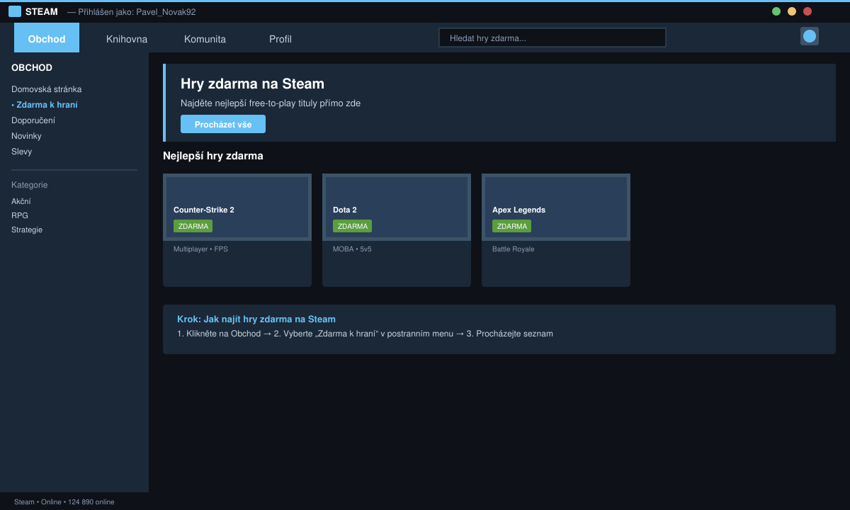 Hlavní obrazovka klienta Steam po přihlášení