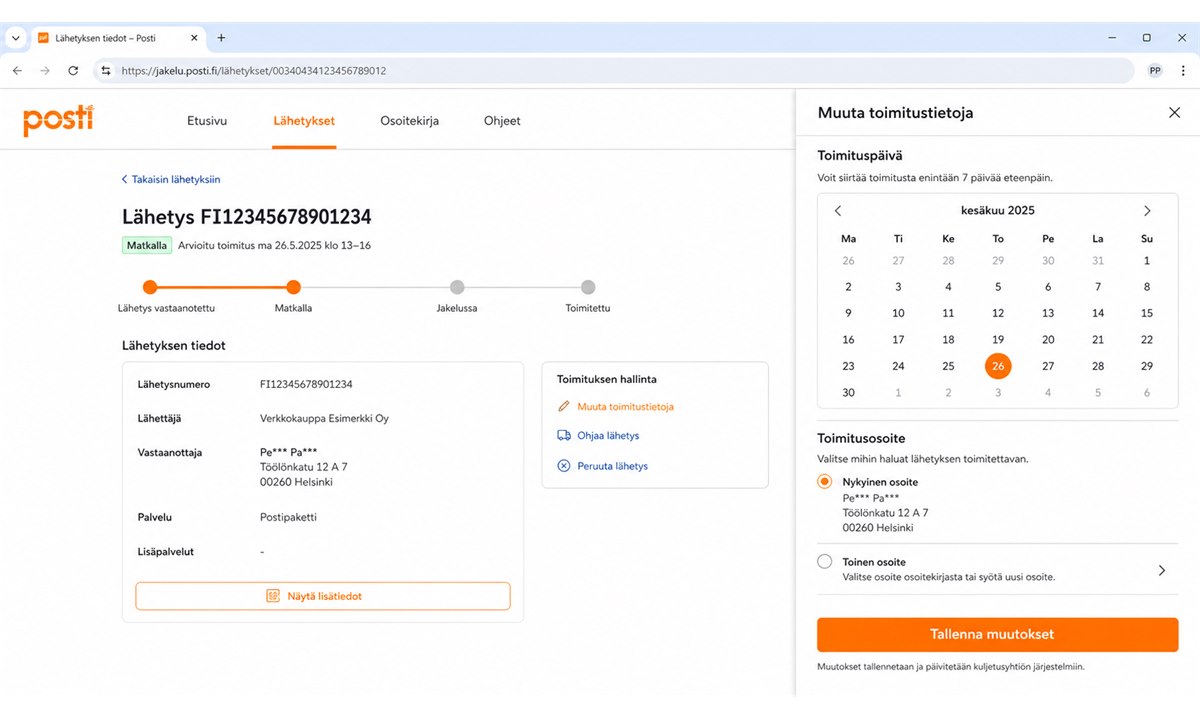 Toimituspäivän tai -osoitteen muuttaminen jakelu.posti.fi -palvelussa