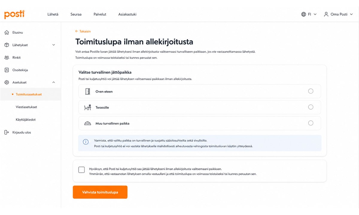 Toimitusluvan antaminen ilman allekirjoitusta Postin jakelunhallintapalvelussa