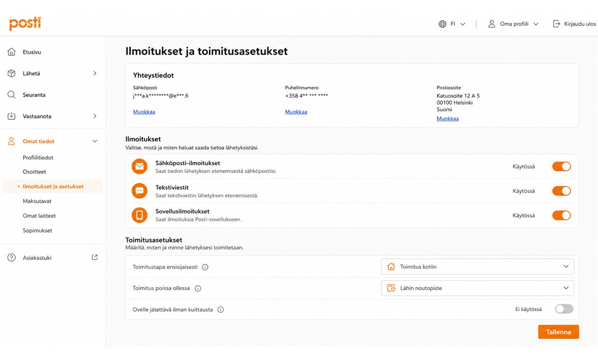 Ilmoitus- ja toimitusasetusten hallinta jakelu.posti.fi -palvelussa