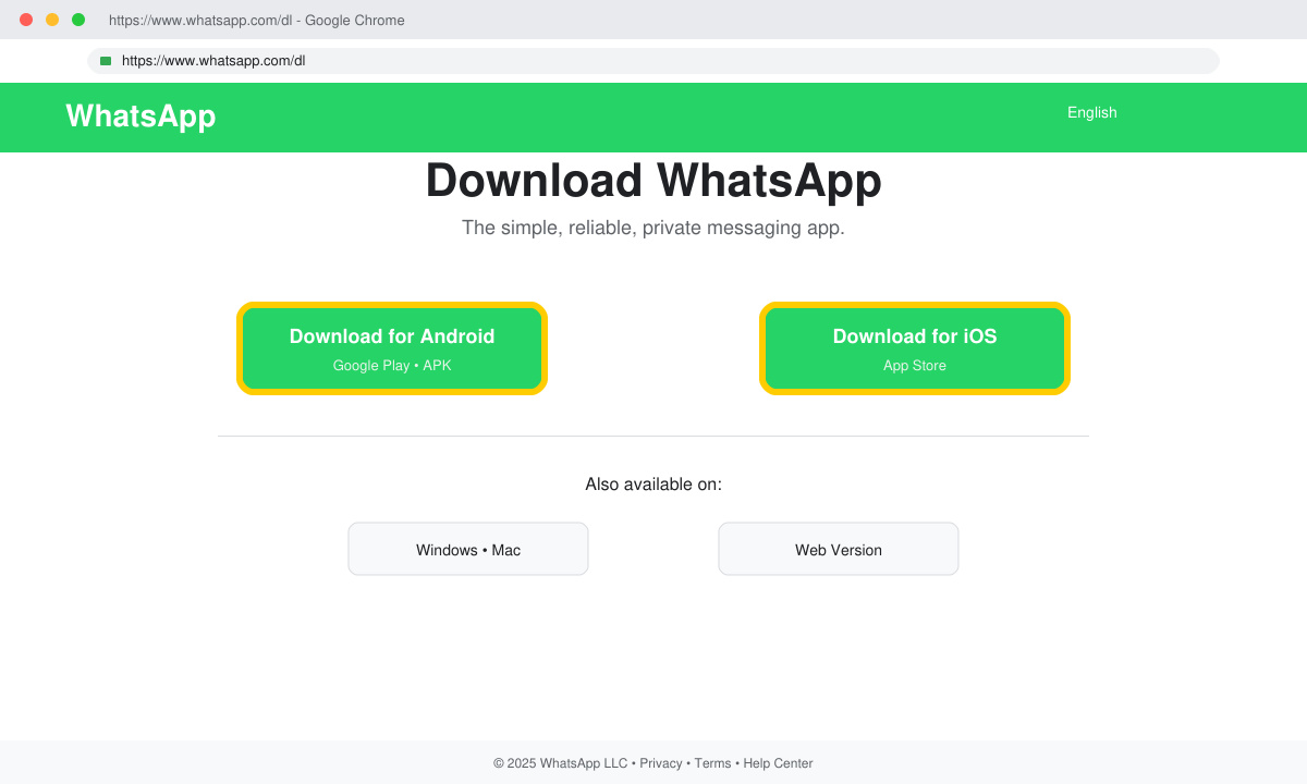 Skærmbillede af https://whatsapp.com/dl-siden med fremhævede download-knapper til Android og iOS