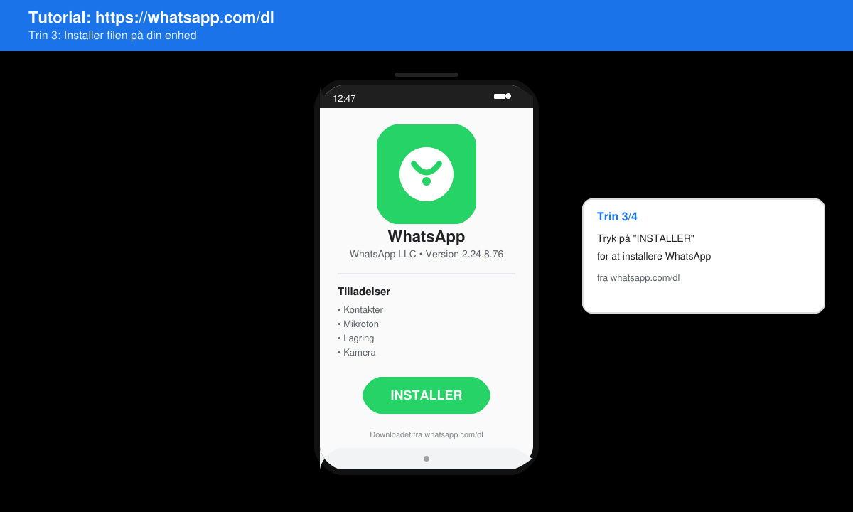 Billede af installationsskærmen på en Android-telefon hvor WhatsApp-appen installeres