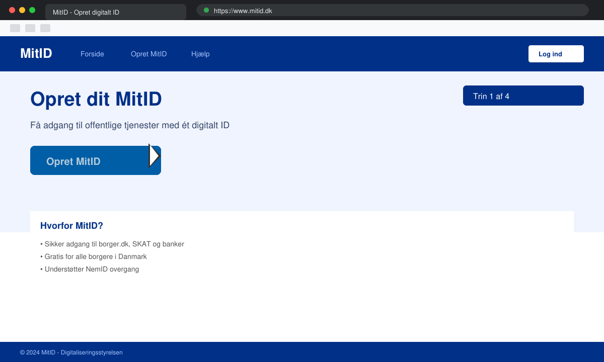 Første trin på Https www MitID dk med Opret MitID knap