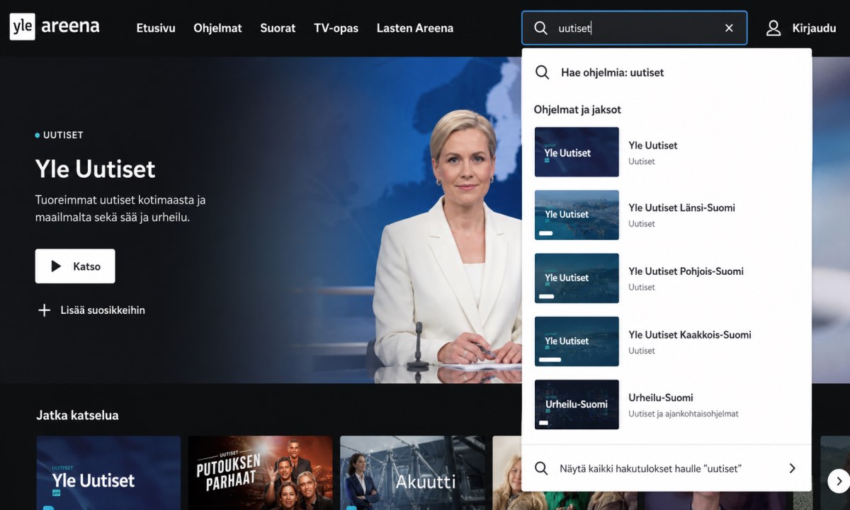 Yle Areena navigointipalkki ja hakutoiminto