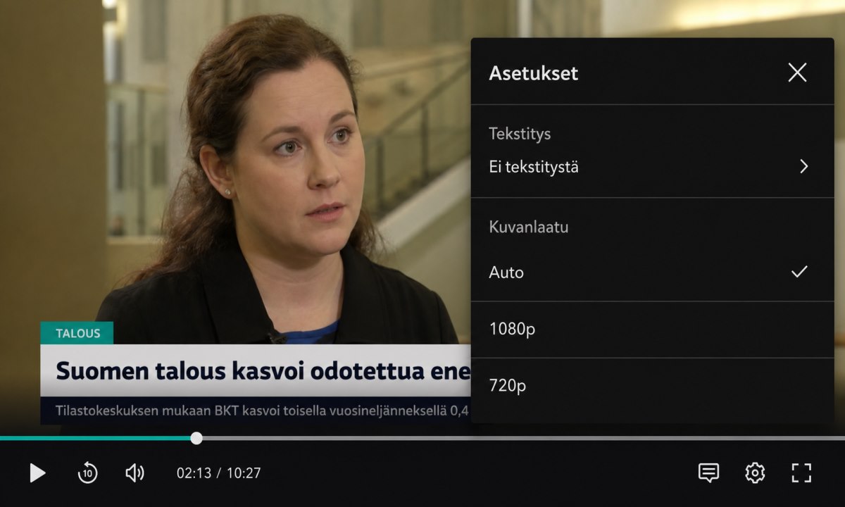 Yle Areena videotoistin tekstitys- ja kuvanlaatuvaihtoehdoilla