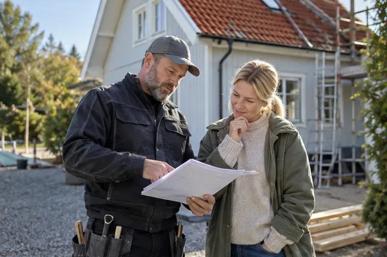 En husägare och en hantverkare går igenom en offert framför ett svenskt småhus