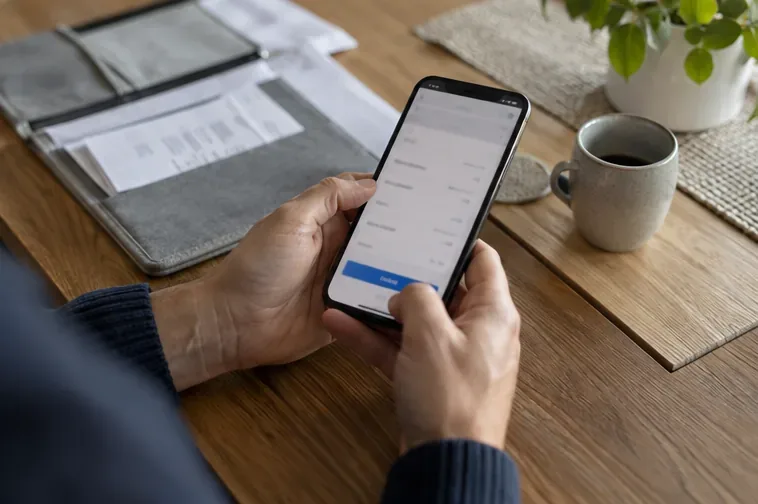 En person gör en digital betalning av en renoveringsfaktura på en smartphone bredvid en dokumentmapp