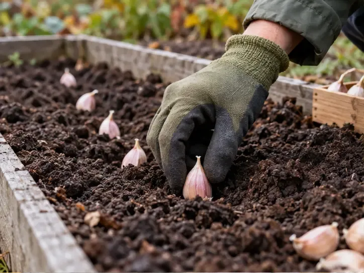 En hanskekledd hånd planter et hvitløksfedd med spissen opp i et klargjort bed.