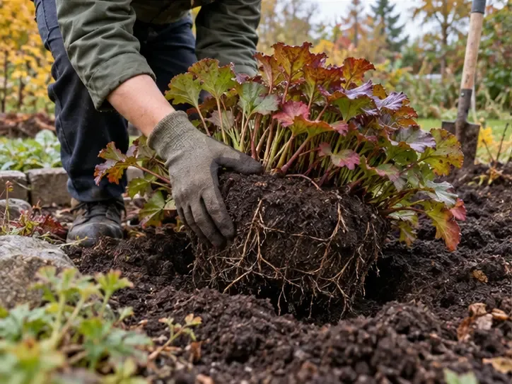 En gartner løfter en flerårig plante med en stor jordklump og synlige røtter.