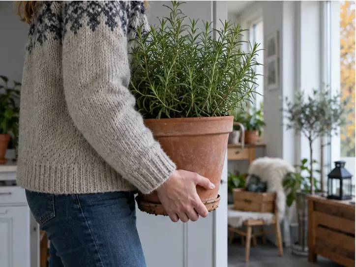 En person bærer en terrakottapotte med en buskete grønn urteplante inn gjennom en lys dør.