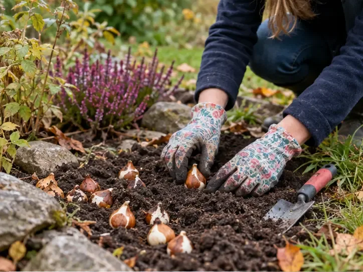 En gartner legger vårblomstrende løk i et bed med høstblader og en liten hagespade ved siden av.