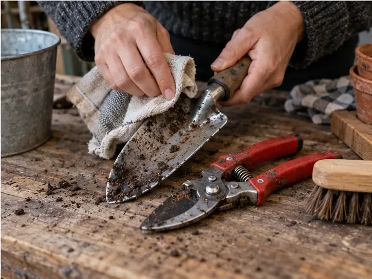 Hender tørker jord av en liten metallspade ved siden av en beskjæringssaks på en trebenk.