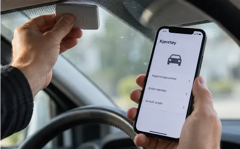 En bilist holder en bombrikke i hånden og ser på kjøretøyinnstillinger på mobilen inne i bilen.