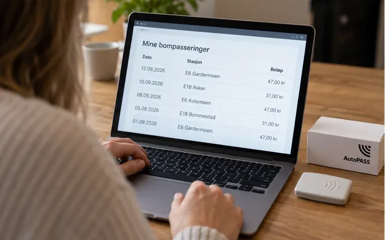 En bilist ser på en oversikt over bompasseringer og beløp på en bærbar datamaskin ved siden av en bombrikke.