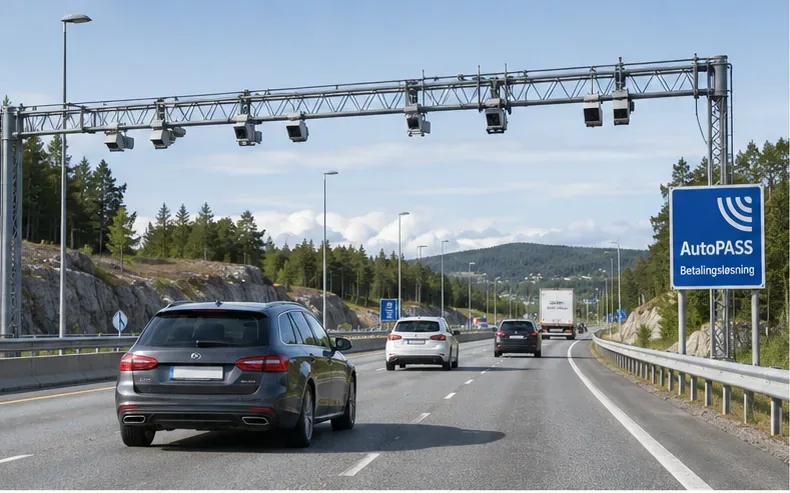 Biler kjører under et automatisk bompunkt på en norsk motorvei, med AutoPASS-skilt ved veien.