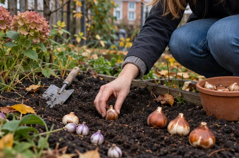 En hånd lægger blomsterløg i et efterårsbed med visne blade