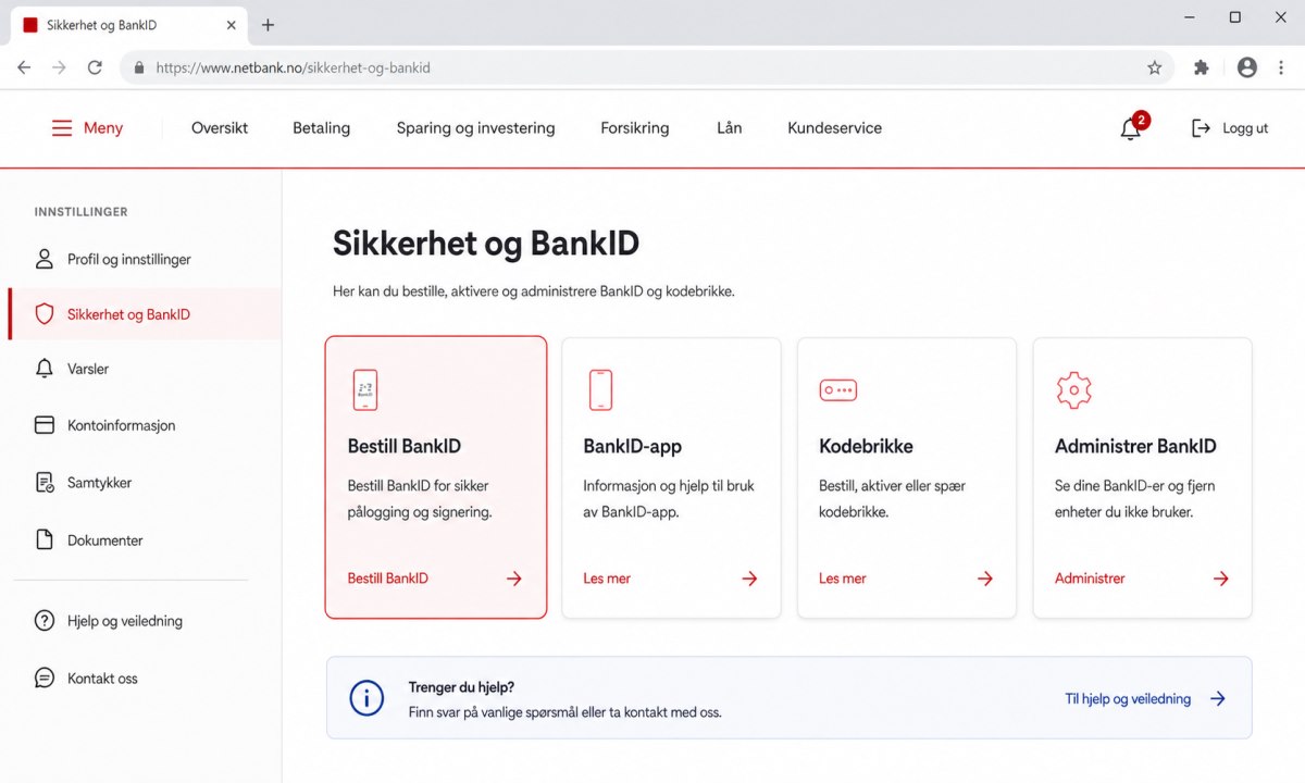 Nettbank meny med BankID bestilling alternativ