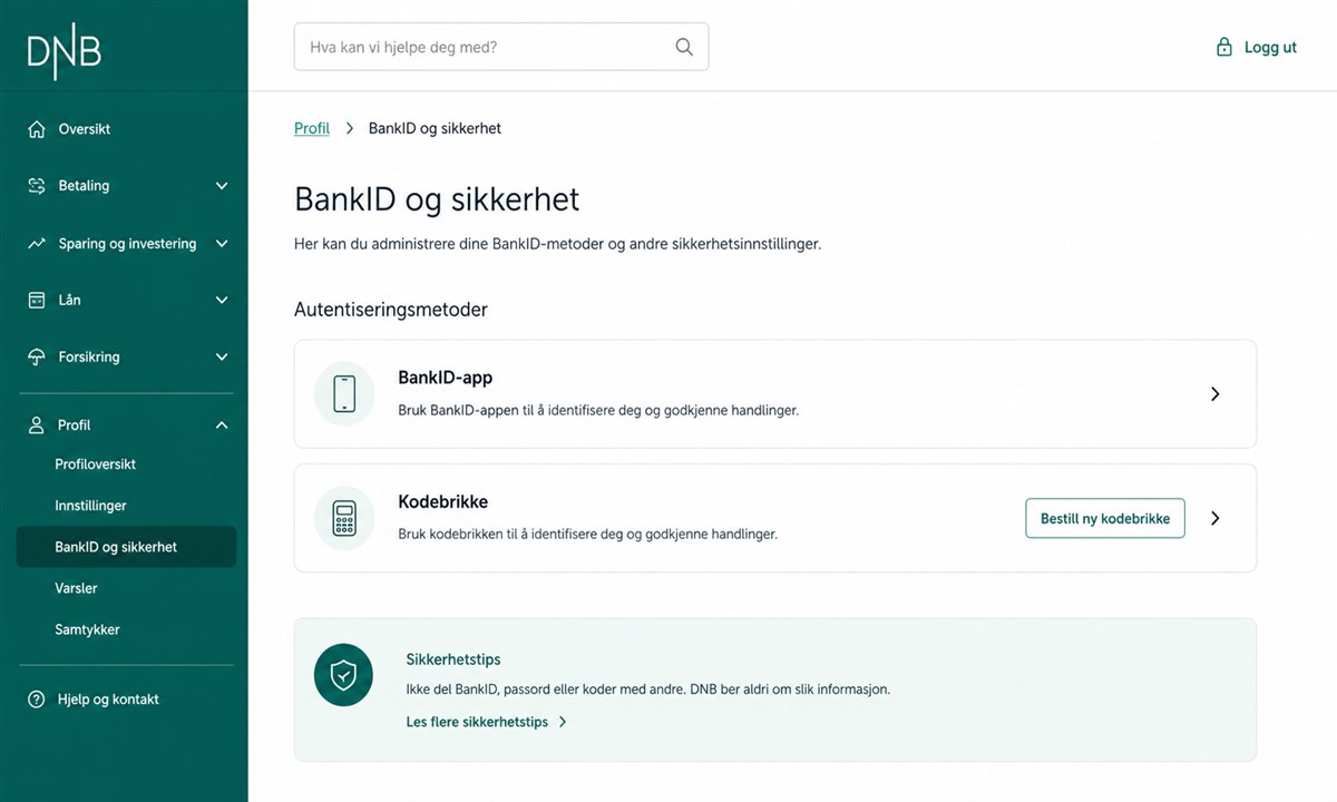 DNB nettbank BankID og sikkerhet innstillingsside
