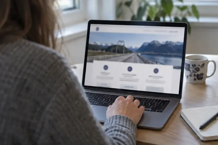 Person ved en laptop som undersøker informasjon om en norsk bompengetjeneste
