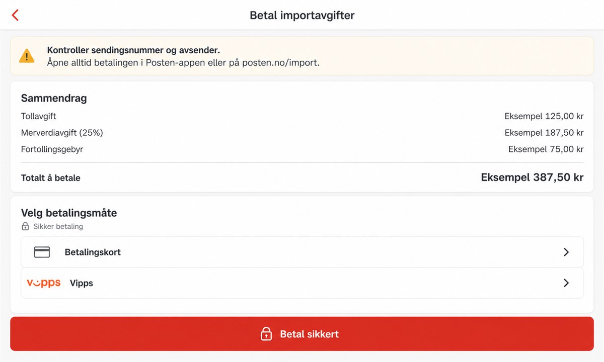 Betalingsskjerm på posten.no med kortinndata og Vipps-alternativ