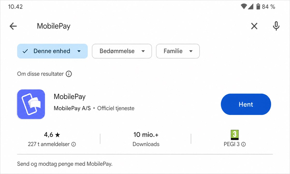 Screenshot of App Store search results for MobilePay with the install button highlighted