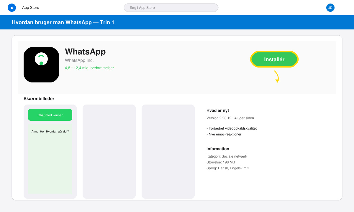 WhatsApp download skærm i App Store med installationsknap