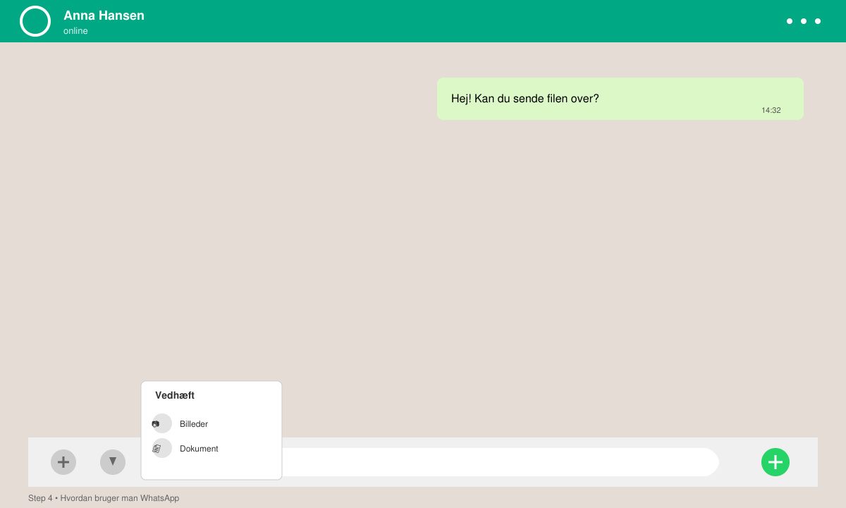 WhatsApp chat-vindue med sendt besked og vedhæftede filer