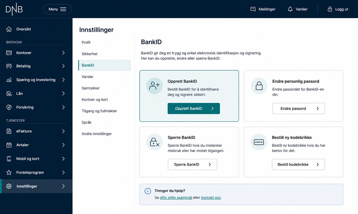 DNB nettbank BankID og sikkerhet innstillingsside