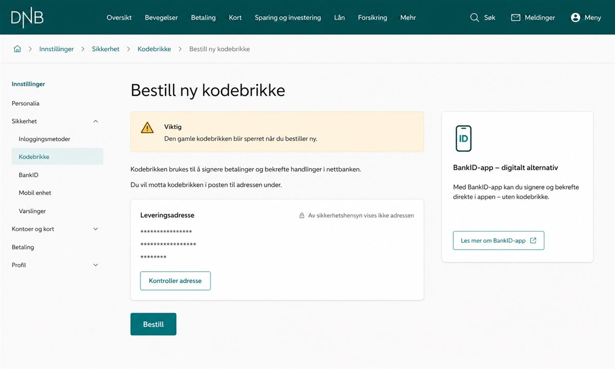 Bestille DNB kodebrikke via nettbanken