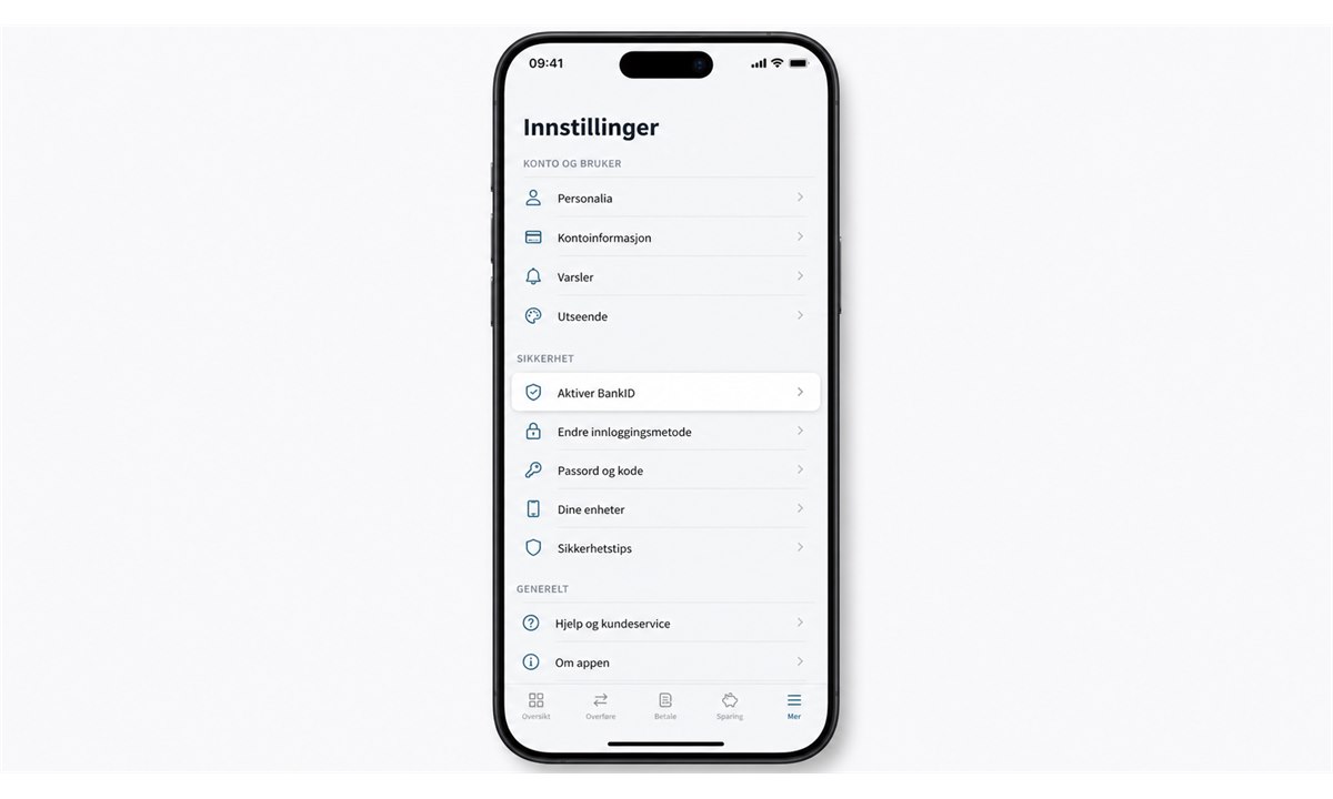 BankID-aktiveringsknapp i bankappens innstillingsseksjon