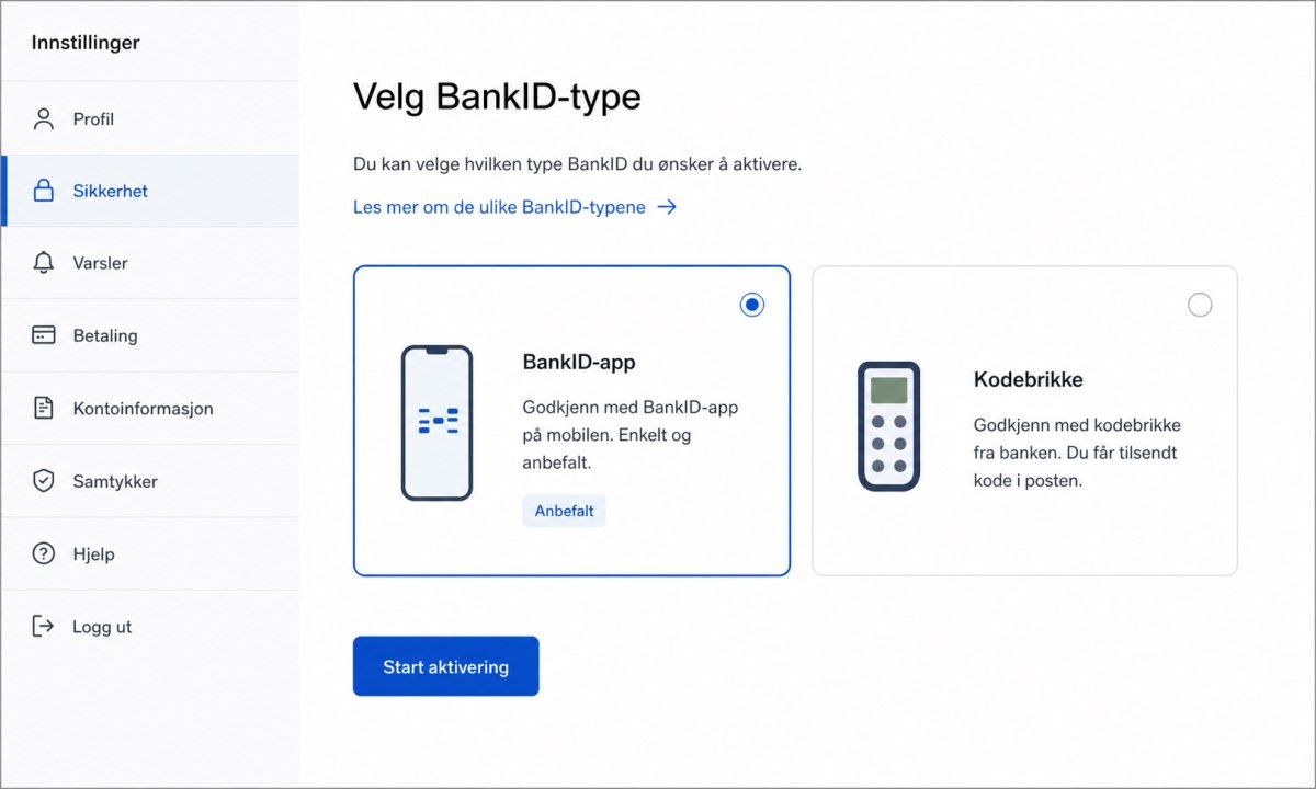 Velg BankID-type i nettbanken for å få bank ID