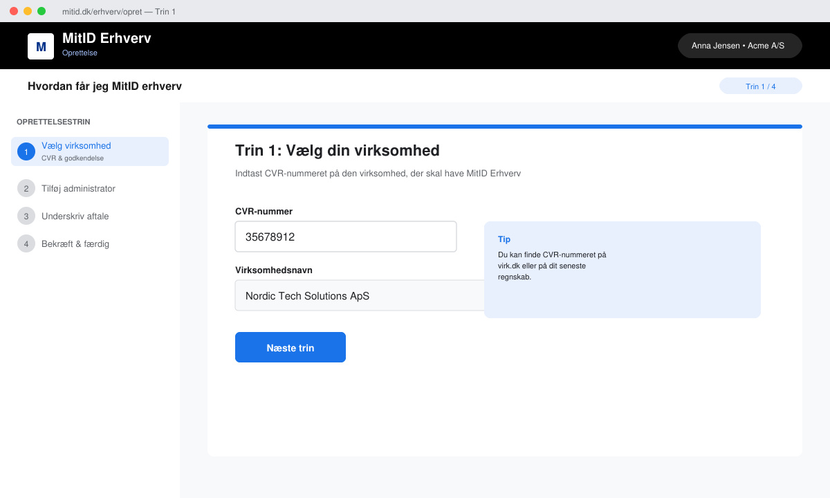 Skærmbillede af første trin i MitID Erhverv oprettelse