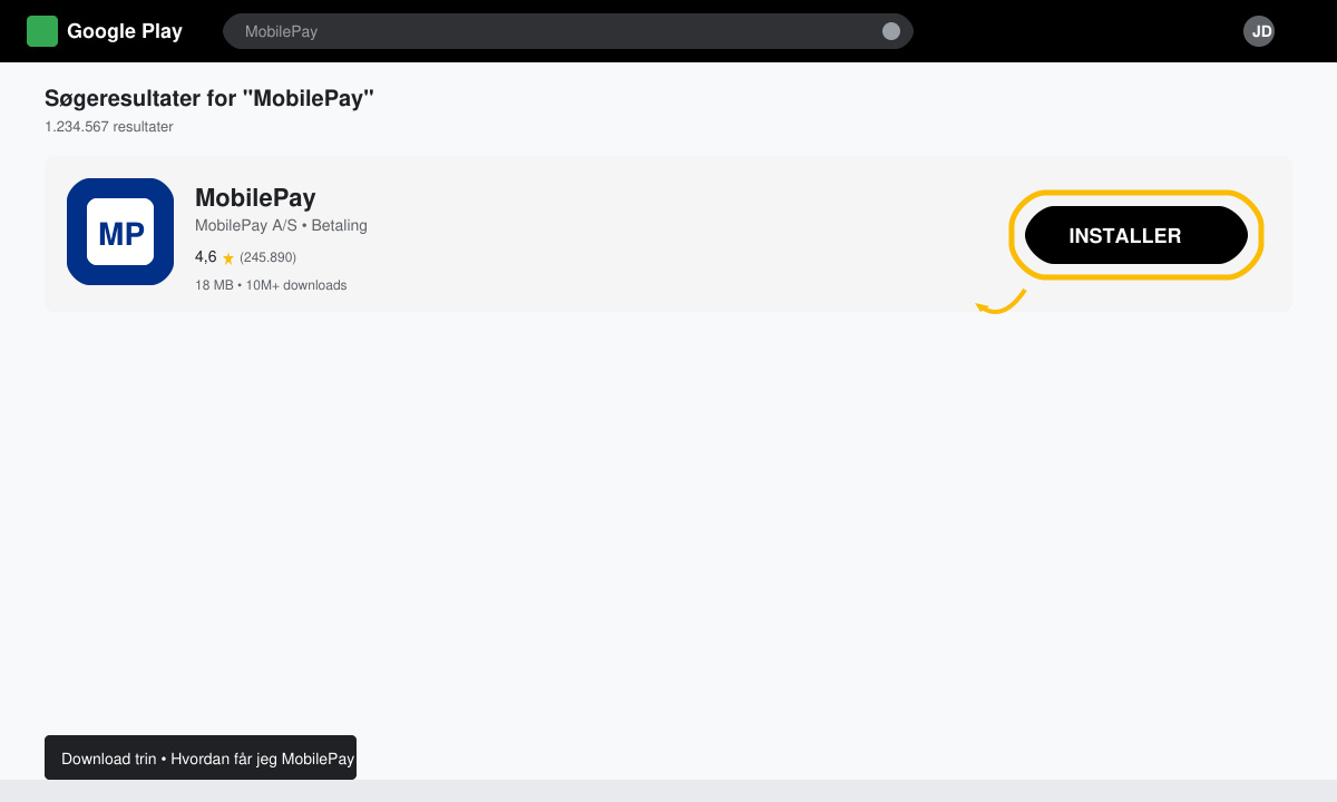Screenshot of Google Play Store or App Store search result for MobilePay with the install button highlighted